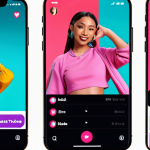 A vibrant TikTok interface showcasing a snippet of a trending song with users creating diverse dance challenges and creative content, capturing the platform's influence on music virality.