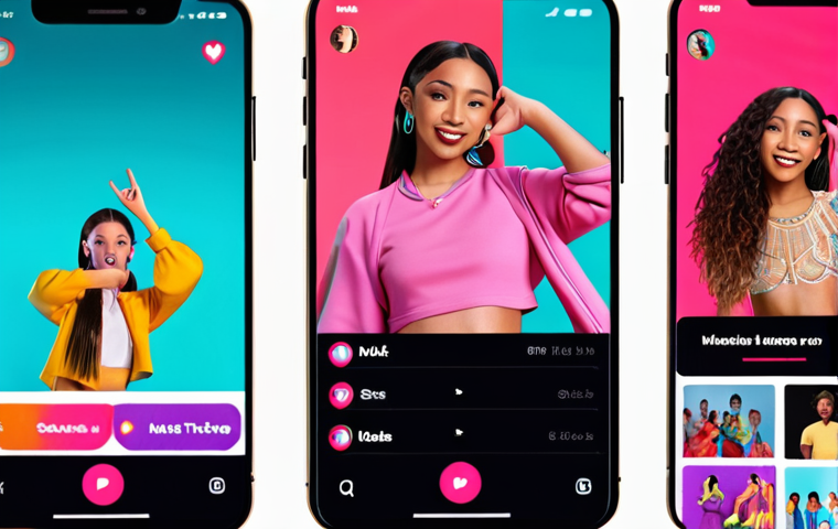 A vibrant TikTok interface showcasing a snippet of a trending song with users creating diverse dance challenges and creative content, capturing the platform's influence on music virality.